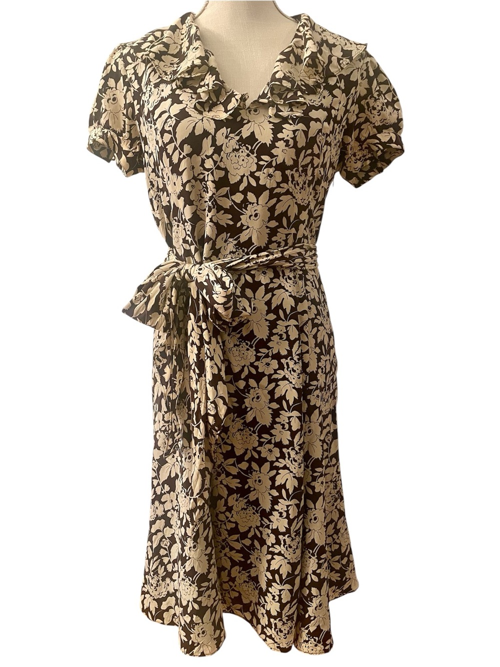 Ralph Lauren Brown Cream Floral Ruffled 100% Silk Midi Dress Size 6